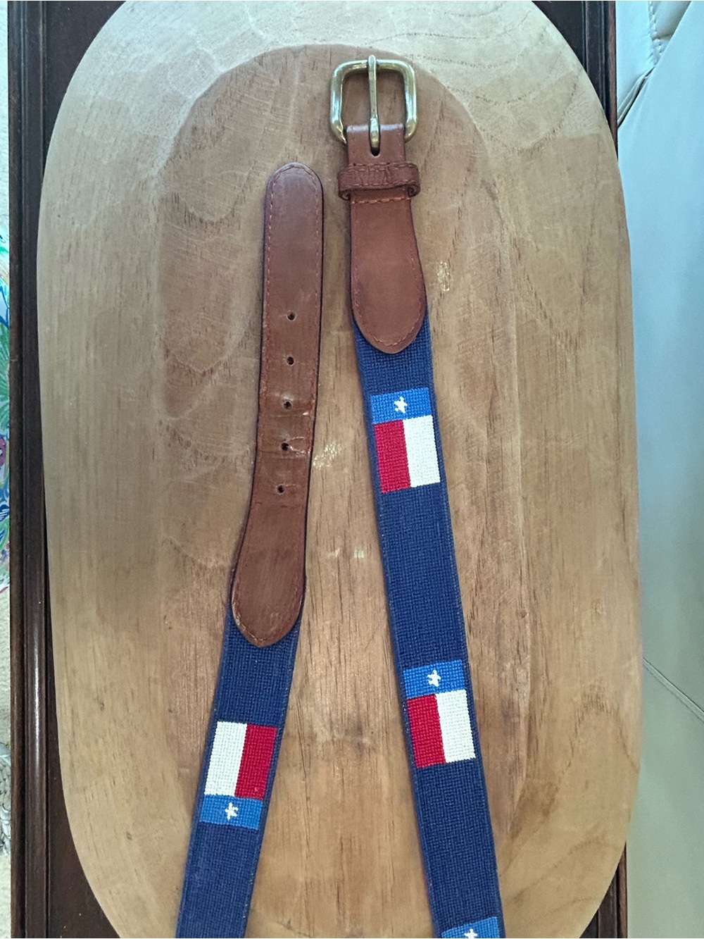 Smathers & Branson Needlepoint and Leather Texas Flag Belt